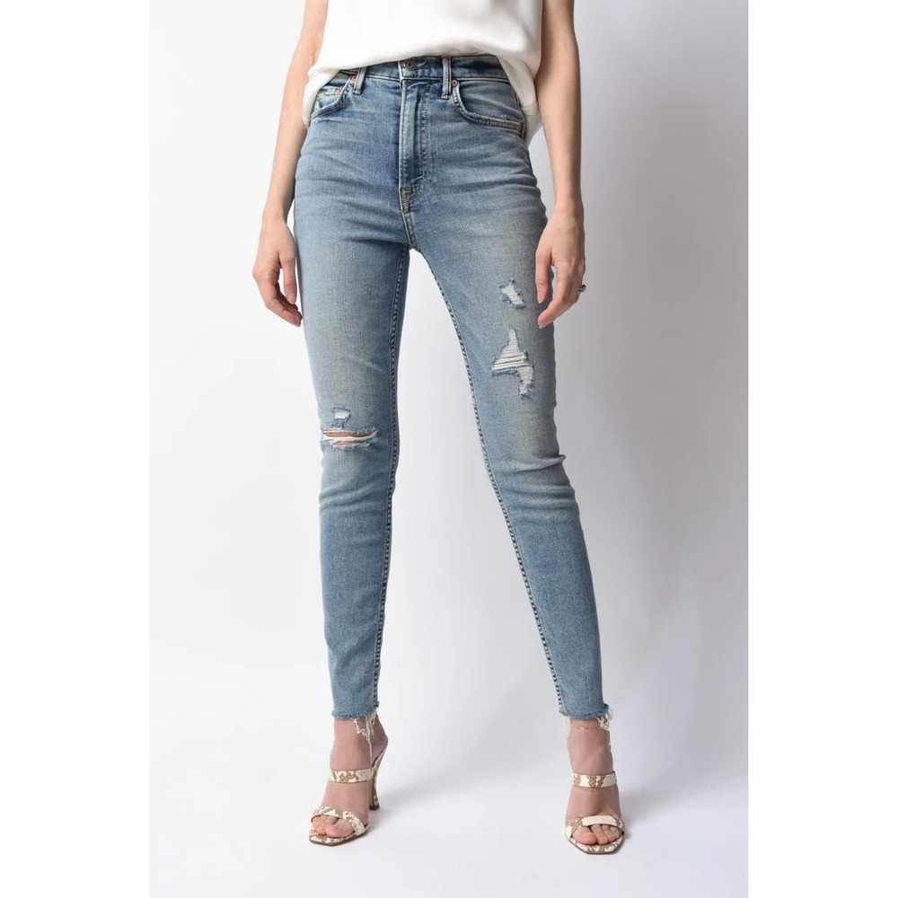 GRLFRND Kendall High Rise Skinny Jeans Light Wash Raw Hem Sz 25 Distressed Denim